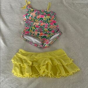 Floral One-Piece Swimsuit with Yellow Ruffle Skirt